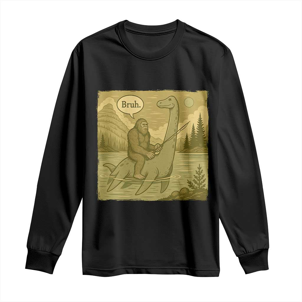 Funny Bigfoot Fishing Long Sleeve Shirt Sasquatch Loch Ness Monster Introvert Bruh TS14 Black Print Your Wear