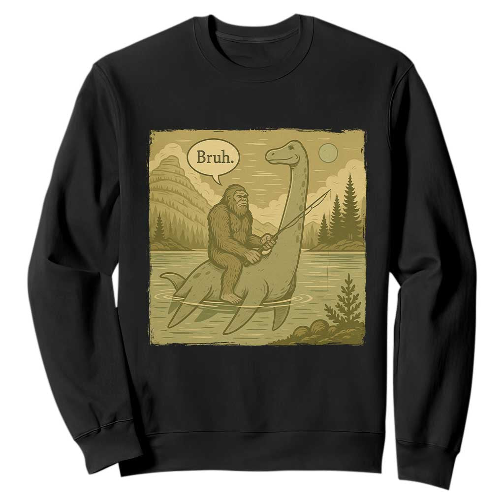 Funny Bigfoot Fishing Sweatshirt Sasquatch Loch Ness Monster Introvert Bruh TS14 Black Print Your Wear