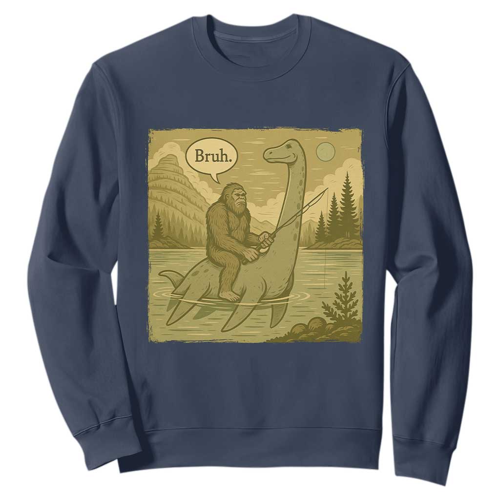 Funny Bigfoot Fishing Sweatshirt Sasquatch Loch Ness Monster Introvert Bruh TS14 Navy Print Your Wear