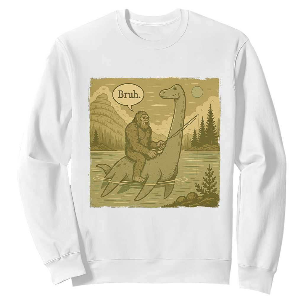 Funny Bigfoot Fishing Sweatshirt Sasquatch Loch Ness Monster Introvert Bruh TS14 White Print Your Wear