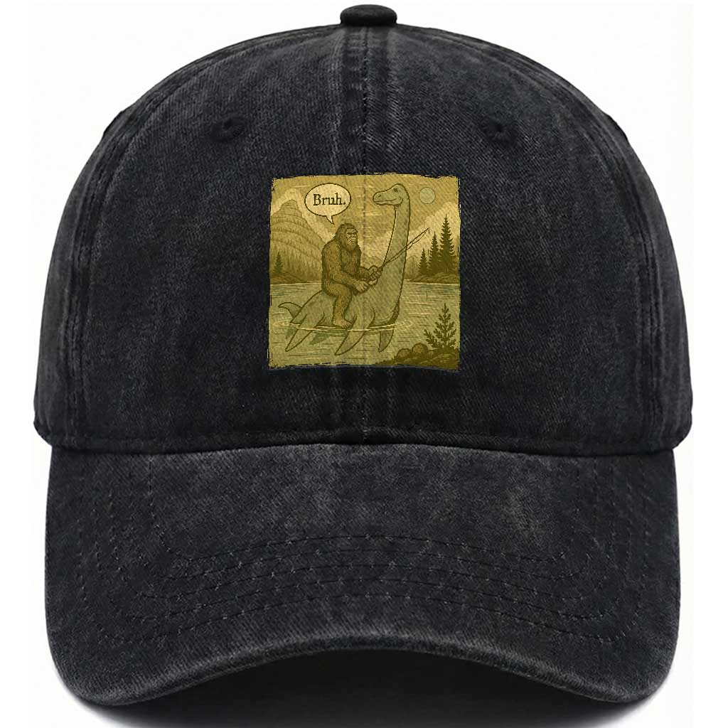 Funny Bigfoot Fishing Washed Cotton Baseball Cap Sasquatch Loch Ness Monster Introvert Bruh TS14 Washed Cap Universal Fit Black Print Your Wear