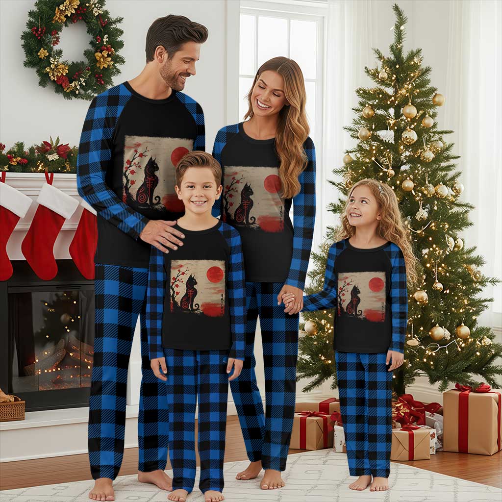 Kawaii Anime Cat Japanese Cherry Blossom Plaid Pajama Set TS14 Blue Plaid Print Your Wear