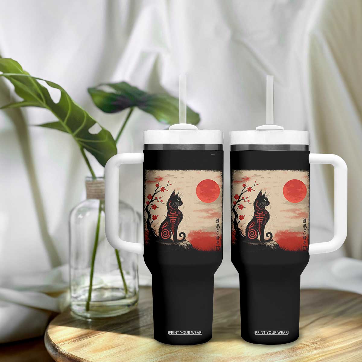Kawaii Anime Cat Japanese Cherry Blossom Tumbler With Handle TS14 Print Your Wear