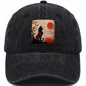 Kawaii Anime Cat Japanese Cherry Blossom Washed Cotton Baseball Cap TS14 Washed Cap Universal Fit Black Print Your Wear