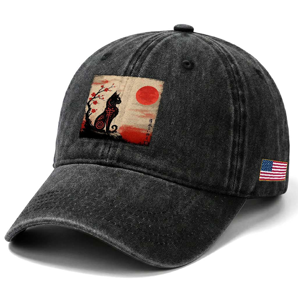 Kawaii Anime Cat Japanese Cherry Blossom Washed Cotton Baseball Cap TS14 Print Your Wear