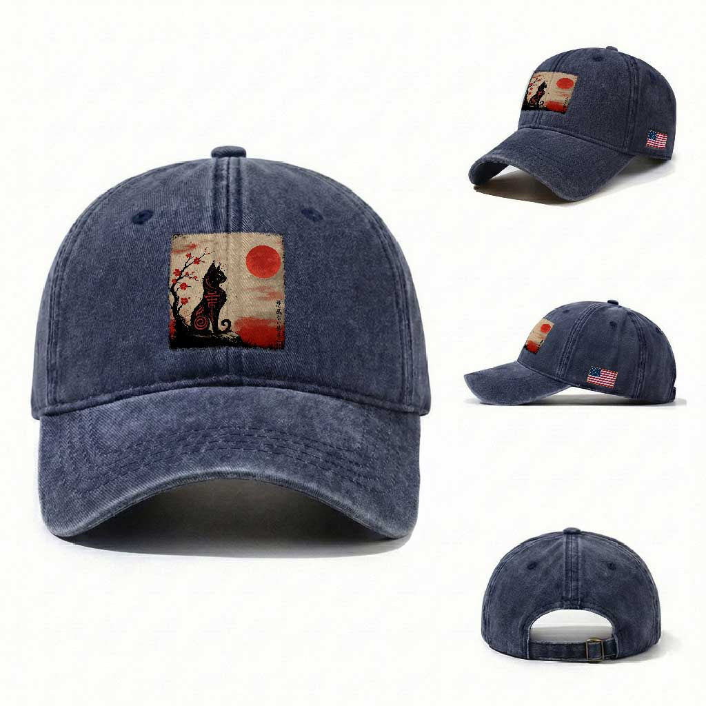 Kawaii Anime Cat Japanese Cherry Blossom Washed Cotton Baseball Cap TS14 Washed Cap Universal Fit Navy Print Your Wear