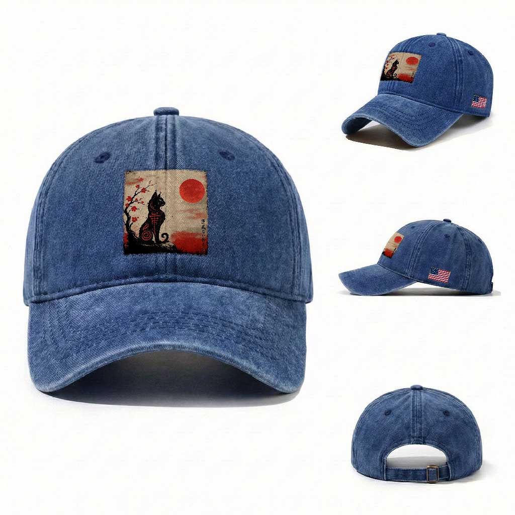 Kawaii Anime Cat Japanese Cherry Blossom Washed Cotton Baseball Cap TS14 Washed Cap Universal Fit Royal Blue Print Your Wear