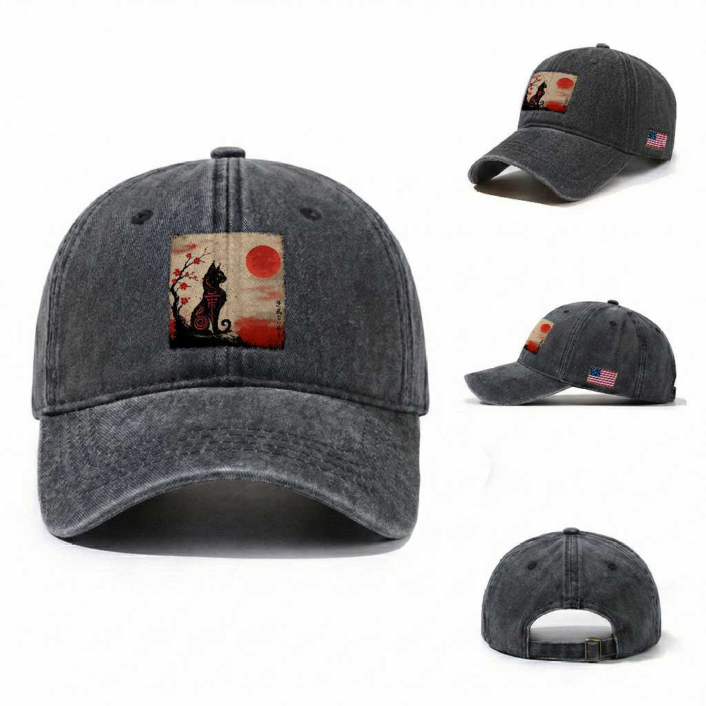 Kawaii Anime Cat Japanese Cherry Blossom Washed Cotton Baseball Cap TS14 Washed Cap Universal Fit Dark Gray Print Your Wear