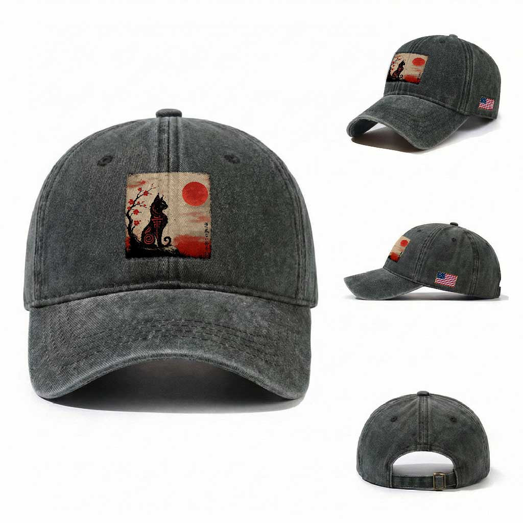 Kawaii Anime Cat Japanese Cherry Blossom Washed Cotton Baseball Cap TS14 Washed Cap Universal Fit Dark Green Print Your Wear
