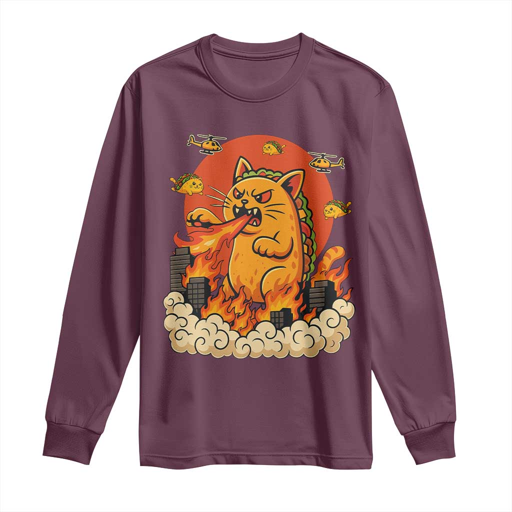 Tacocat Monster Long Sleeve Shirt Funny Cats Taco Lovers TS14 Maroon Print Your Wear