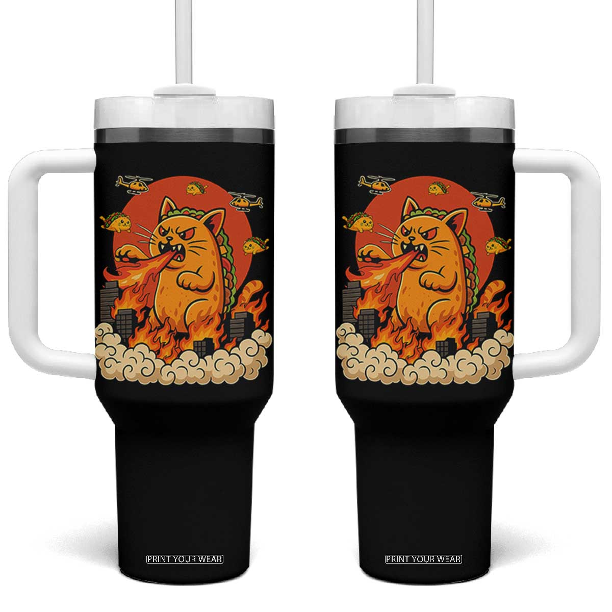 Tacocat Monster Tumbler With Handle Funny Cats Taco Lovers TS14 One Size: 40 oz Black Print Your Wear
