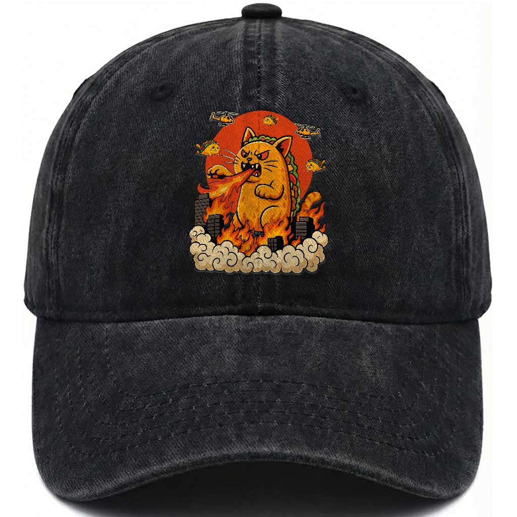 Tacocat Monster Washed Cotton Baseball Cap Funny Cats Taco Lovers TS14 Washed Cap Universal Fit Black Print Your Wear