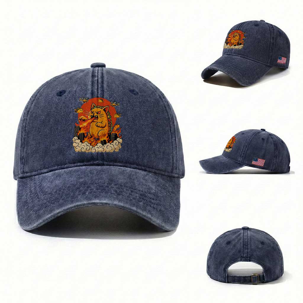 Tacocat Monster Washed Cotton Baseball Cap Funny Cats Taco Lovers TS14 Washed Cap Universal Fit Navy Print Your Wear