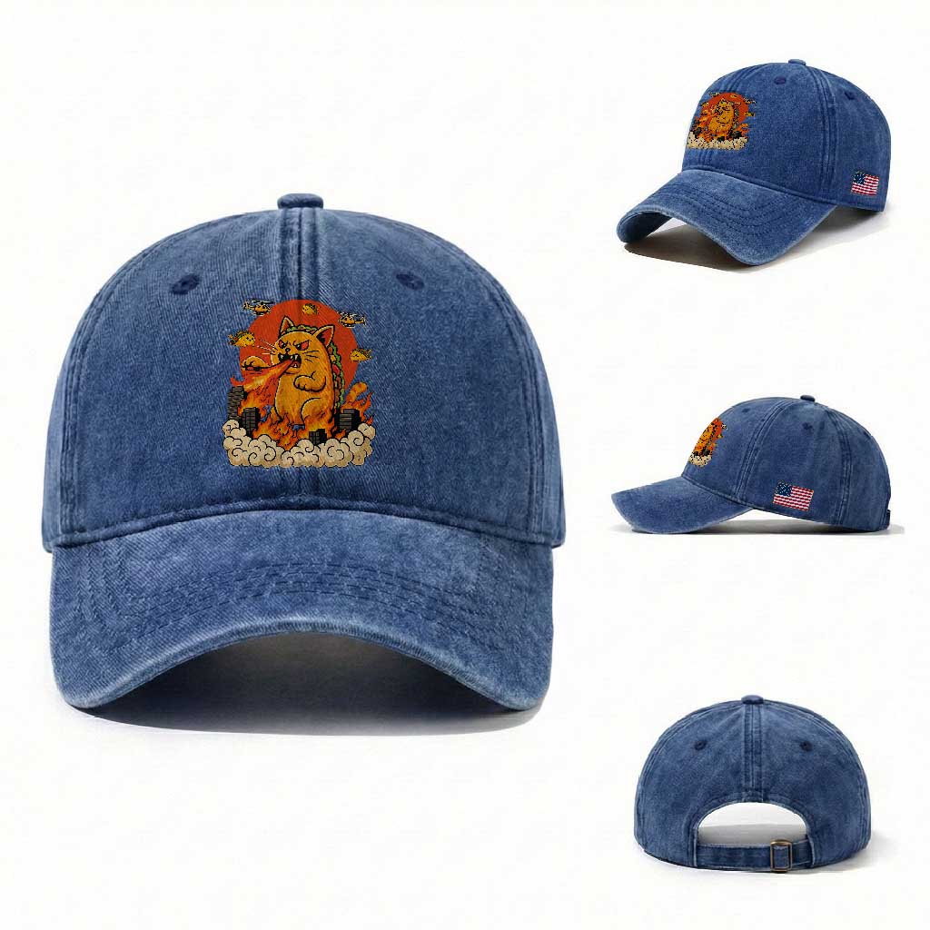 Tacocat Monster Washed Cotton Baseball Cap Funny Cats Taco Lovers TS14 Washed Cap Universal Fit Royal Blue Print Your Wear