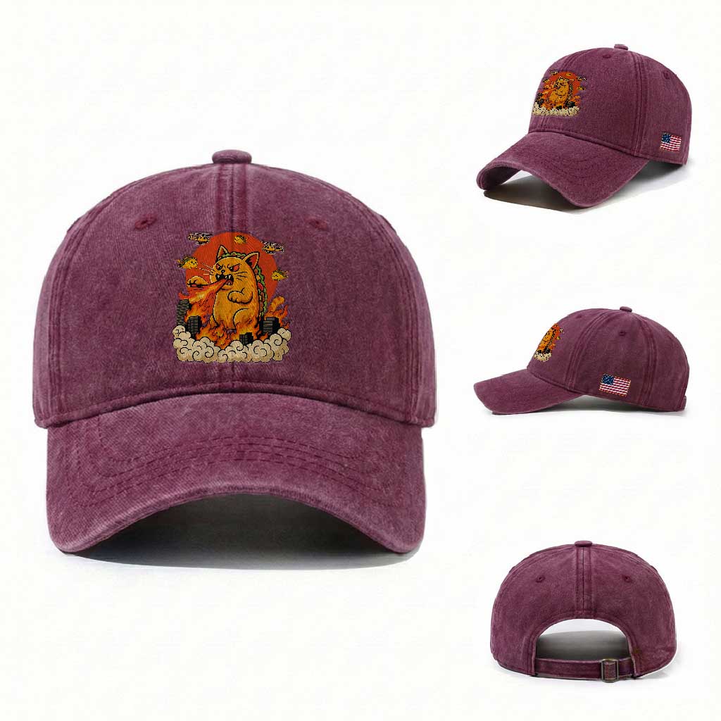 Tacocat Monster Washed Cotton Baseball Cap Funny Cats Taco Lovers TS14 Washed Cap Universal Fit Burgundy Print Your Wear