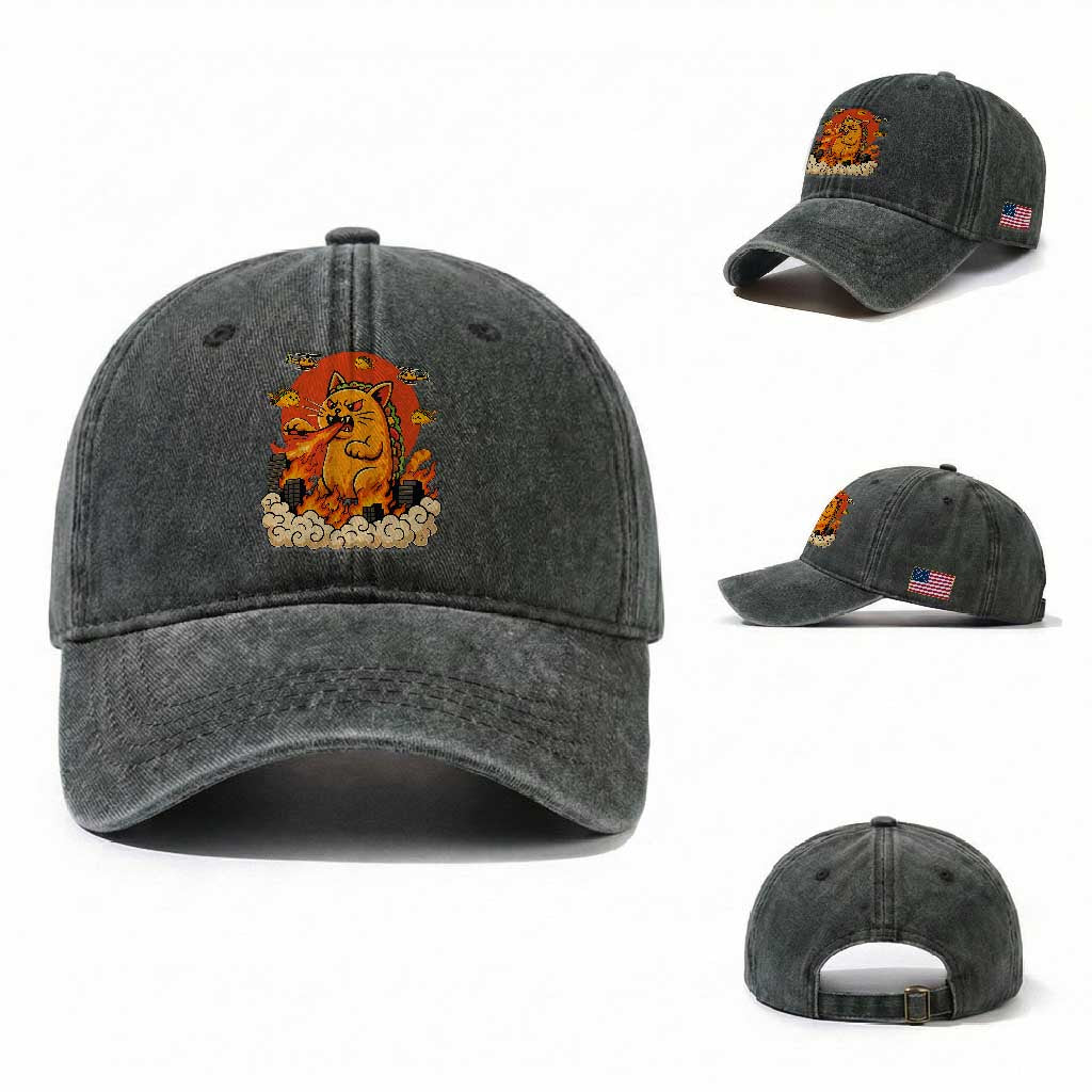 Tacocat Monster Washed Cotton Baseball Cap Funny Cats Taco Lovers TS14 Washed Cap Universal Fit Dark Green Print Your Wear