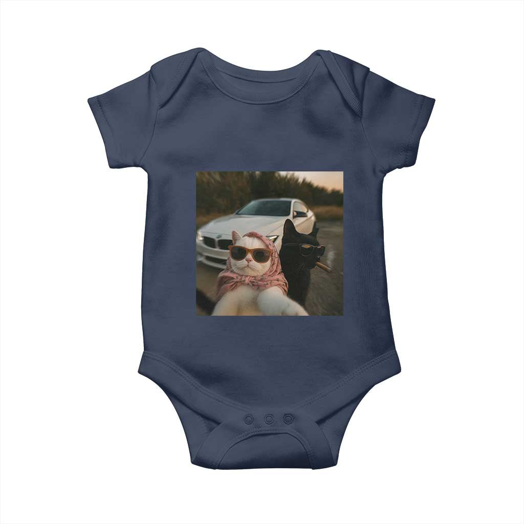 Cats Selfie Meme Baby Onesie Funny Black Cat Smoking Cigarette With Car TS14 Navy Print Your Wear