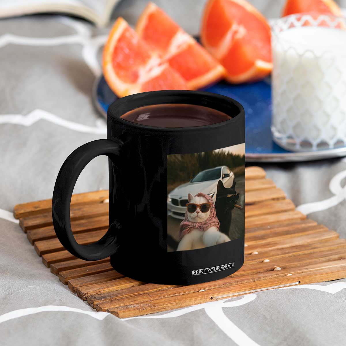 Cats Selfie Meme Coffee Mug Funny Black Cat Smoking Cigarette With Car TS14 Print Your Wear