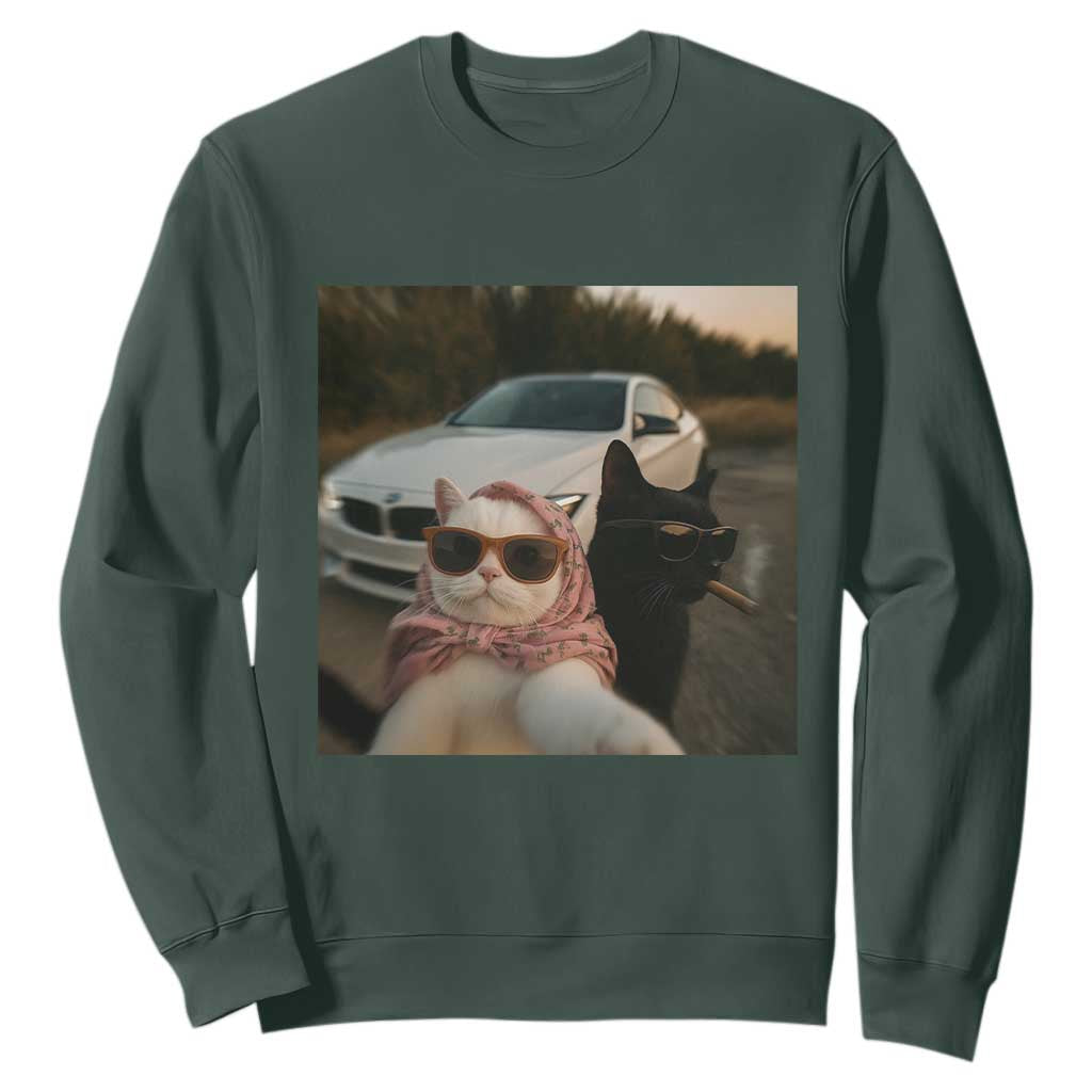 Cats Selfie Meme Sweatshirt Funny Black Cat Smoking Cigarette With Car TS14 Dark Forest Green Print Your Wear