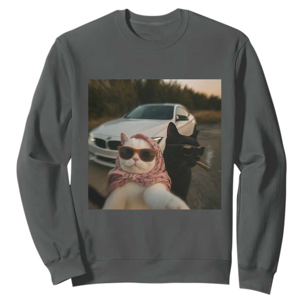 Cats Selfie Meme Sweatshirt Funny Black Cat Smoking Cigarette With Car TS14 Dark Heather Print Your Wear