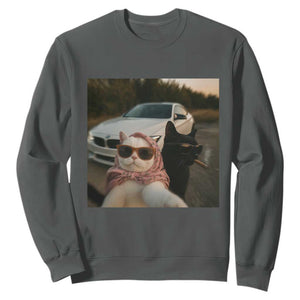 Cats Selfie Meme Sweatshirt Funny Black Cat Smoking Cigarette With Car TS14 Dark Heather Print Your Wear