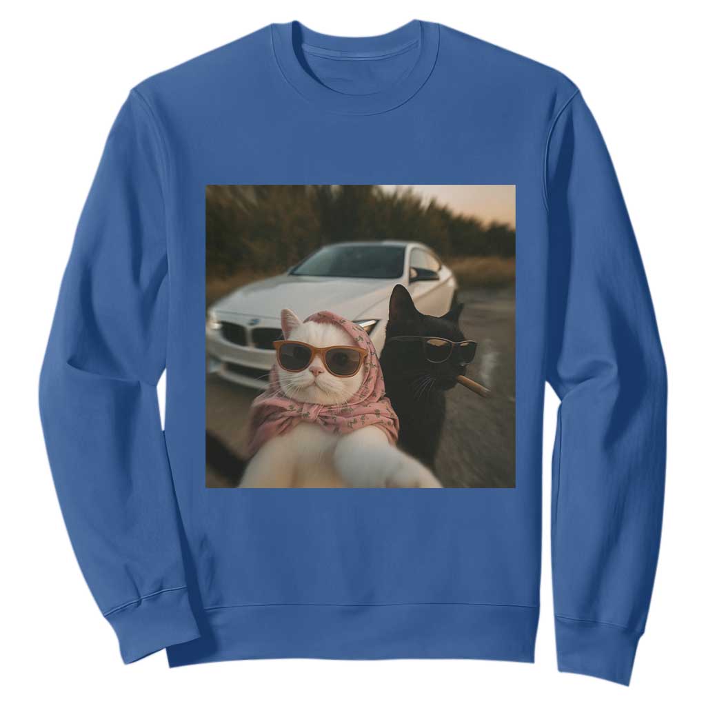Cats Selfie Meme Sweatshirt Funny Black Cat Smoking Cigarette With Car TS14 Royal Blue Print Your Wear