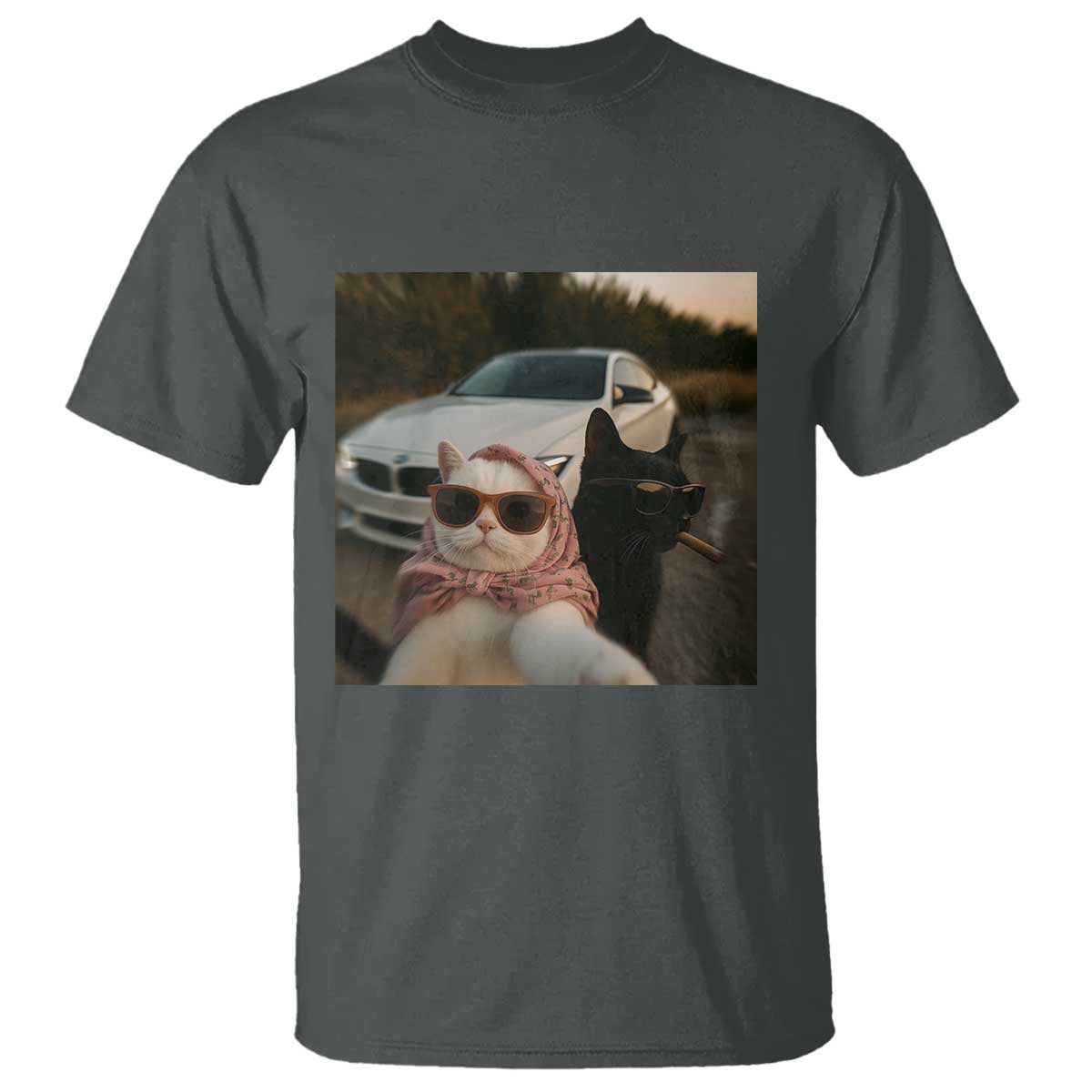 Cats Selfie Meme T Shirt Funny Black Cat Smoking Cigarette With Car TS14 Dark Heather Print Your Wear