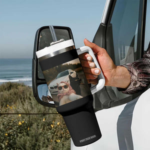 Cats Selfie Meme Tumbler With Handle Funny Black Cat Smoking Cigarette With Car TS14 Print Your Wear