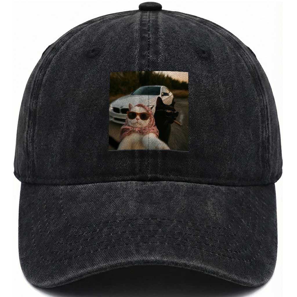 Cats Selfie Meme Washed Cotton Baseball Cap Funny Black Cat Smoking Cigarette With Car TS14 Washed Cap Universal Fit Black Print Your Wear