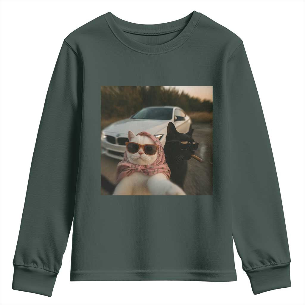 Cats Selfie Meme Youth Sweatshirt Funny Black Cat Smoking Cigarette With Car TS14 Dark Forest Green Print Your Wear