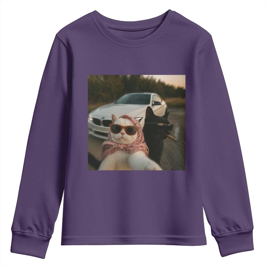 Cats Selfie Meme Youth Sweatshirt Funny Black Cat Smoking Cigarette With Car TS14 Purple Print Your Wear