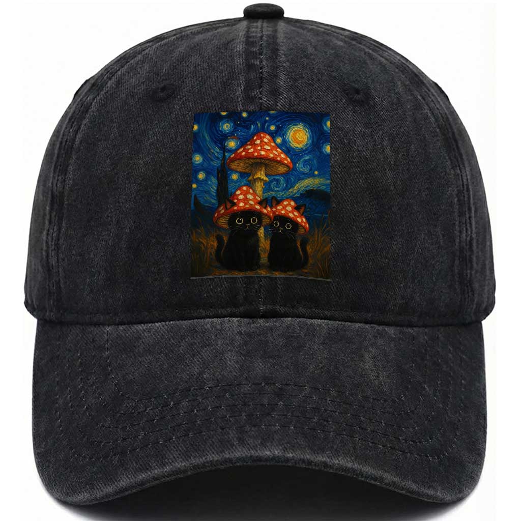 Cute Black Cat Mushroom Washed Cotton Baseball Cap Stary Night Vangogh Amanita Muscaria TS14 Washed Cap Universal Fit Black Print Your Wear