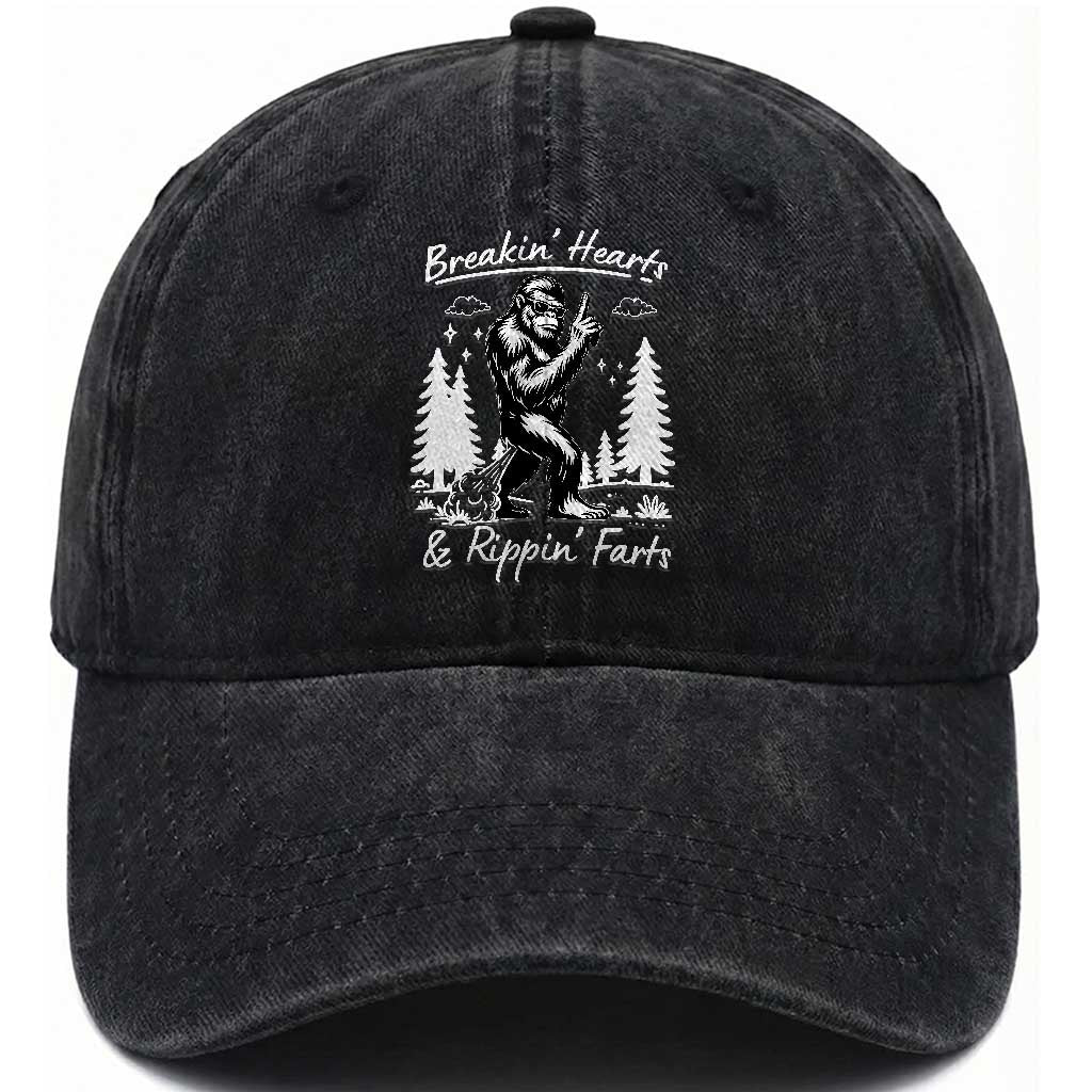 Funny Bigfoot Sasquatch Washed Cotton Baseball Cap Breakin Hearts And Rippin Farts TS14 Washed Cap Universal Fit Black Print Your Wear