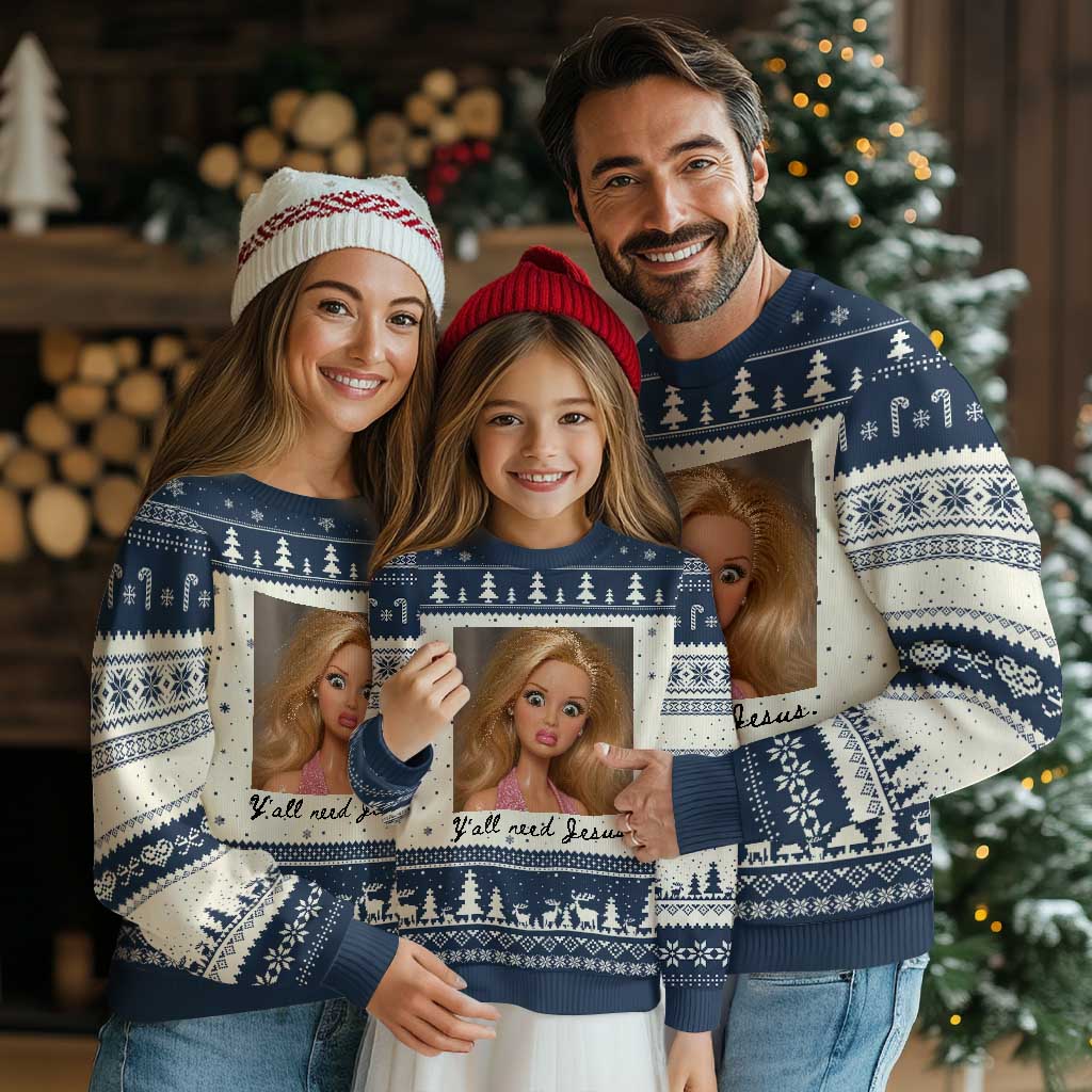 Ya'll Need Jesus Disgusted Face Christian Funny Ugly Christmas Sweater TS14 Beige Navy Print Your Wear