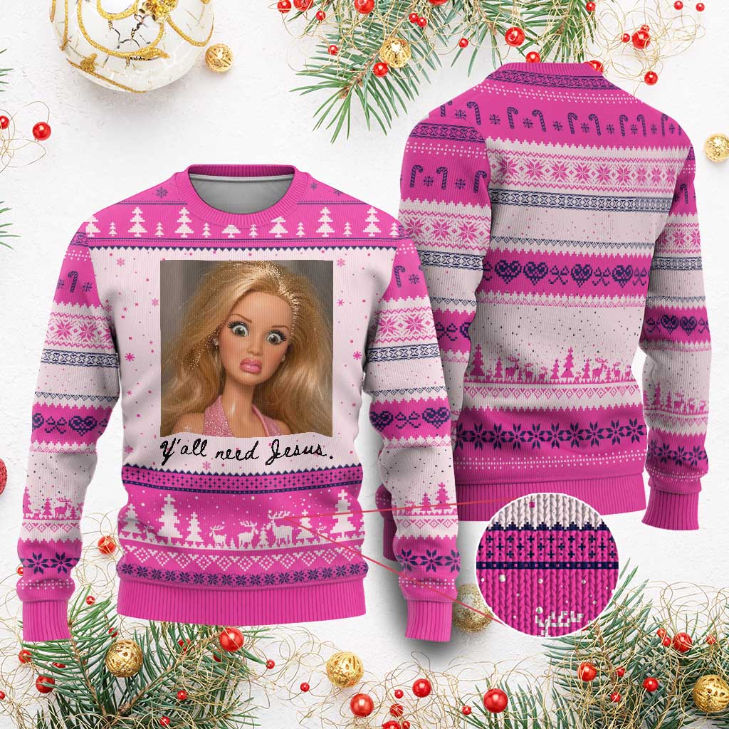 Ya'll Need Jesus Disgusted Face Christian Funny Ugly Christmas Sweater TS14 Hot Pink Print Your Wear
