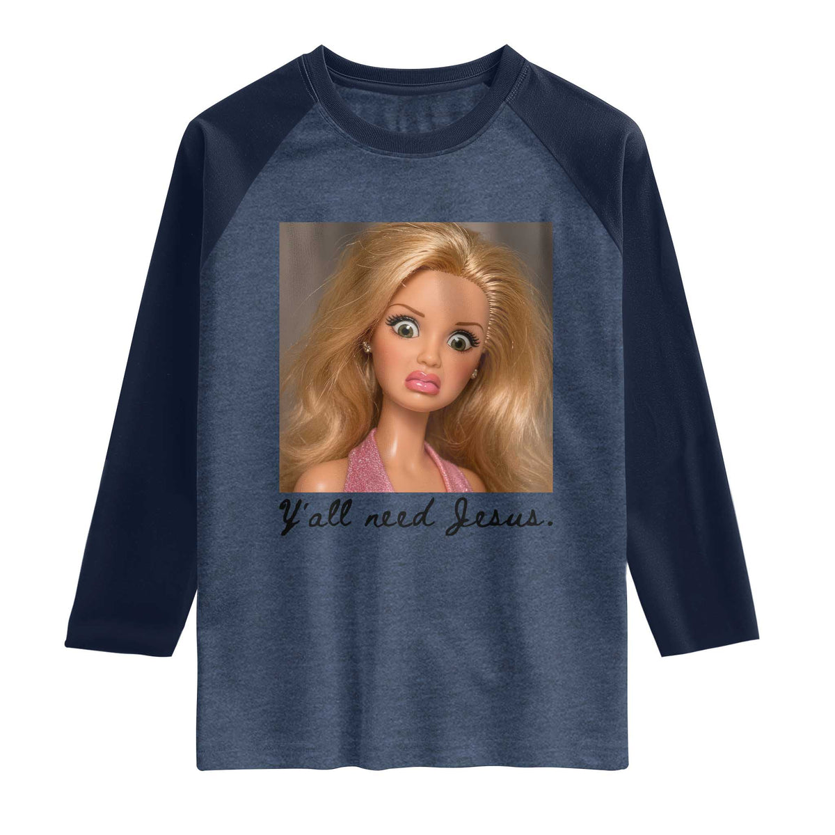 Ya'll Need Jesus Disgusted Face Christian Funny Raglan Shirt TS14 Heather Denim Navy Print Your Wear