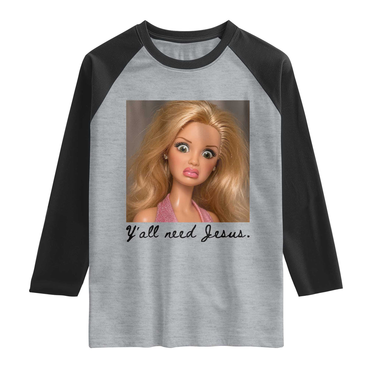 Ya'll Need Jesus Disgusted Face Christian Funny Raglan Shirt TS14 Heather Gray Black Print Your Wear