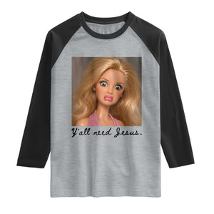Ya'll Need Jesus Disgusted Face Christian Funny Raglan Shirt TS14 Heather Gray Black Print Your Wear