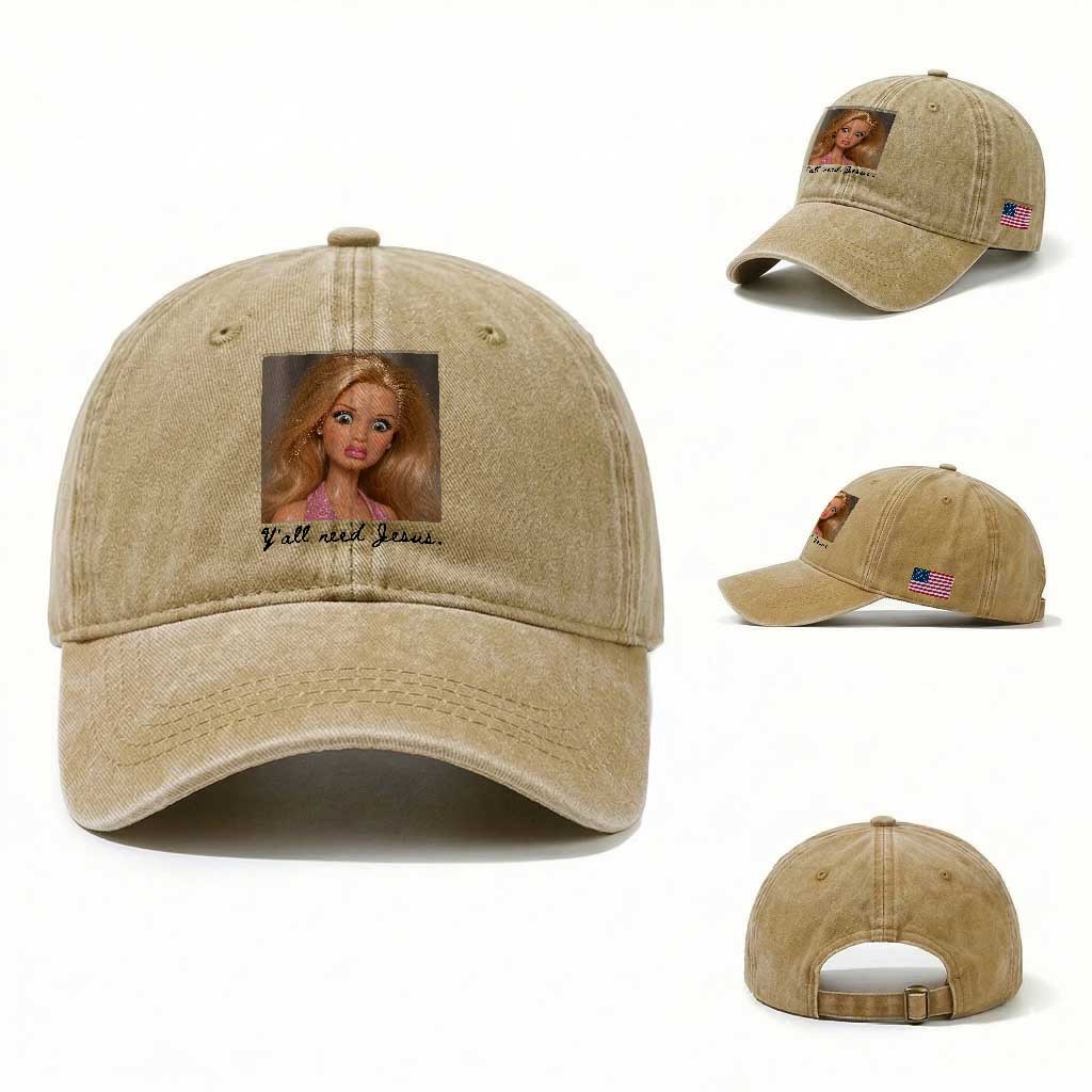 Ya'll Need Jesus Disgusted Face Christian Funny Washed Cotton Baseball Cap TS14 Washed Cap Universal Fit Khaki Print Your Wear