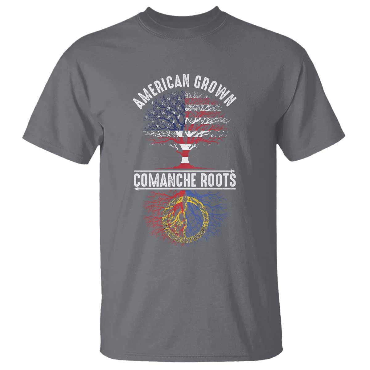 Distressed Tree T Shirt American Grown with Comanche Roots TS14 Charcoal Print Your Wear