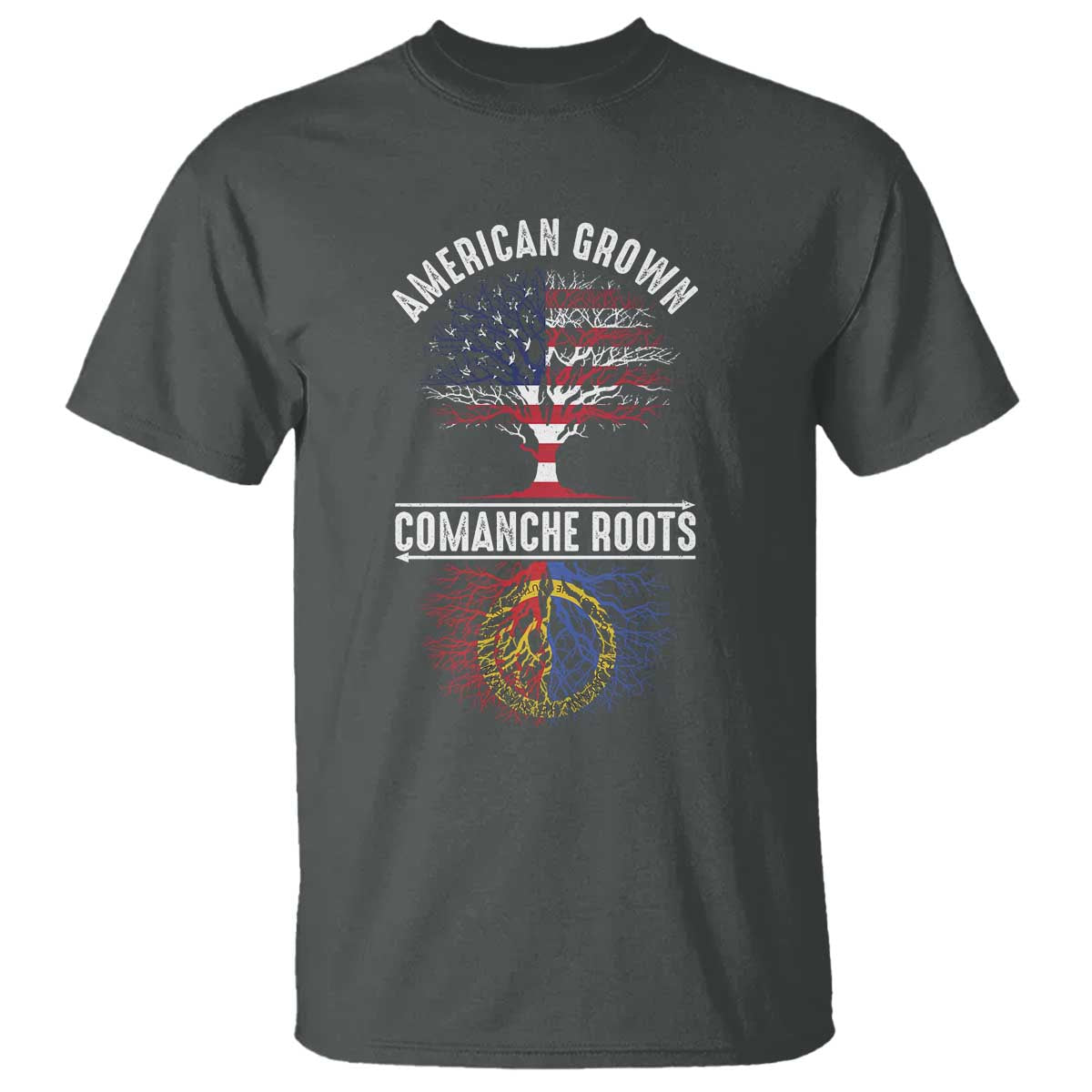Distressed Tree T Shirt American Grown with Comanche Roots TS14 Dark Heather Print Your Wear