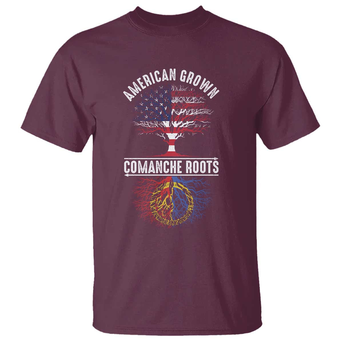 Distressed Tree T Shirt American Grown with Comanche Roots TS14 Maroon Print Your Wear