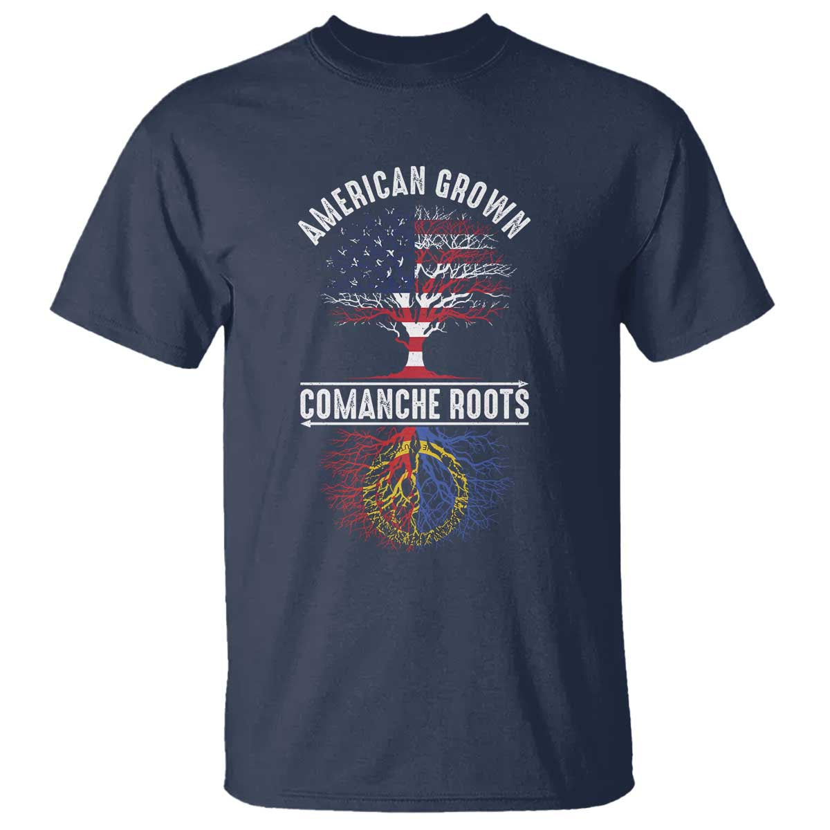 Distressed Tree T Shirt American Grown with Comanche Roots TS14 Navy Print Your Wear