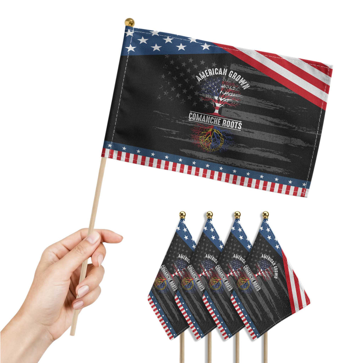 Distressed Tree Patriotic Handheld Flag American Grown with Comanche Roots TS14 Print Your Wear