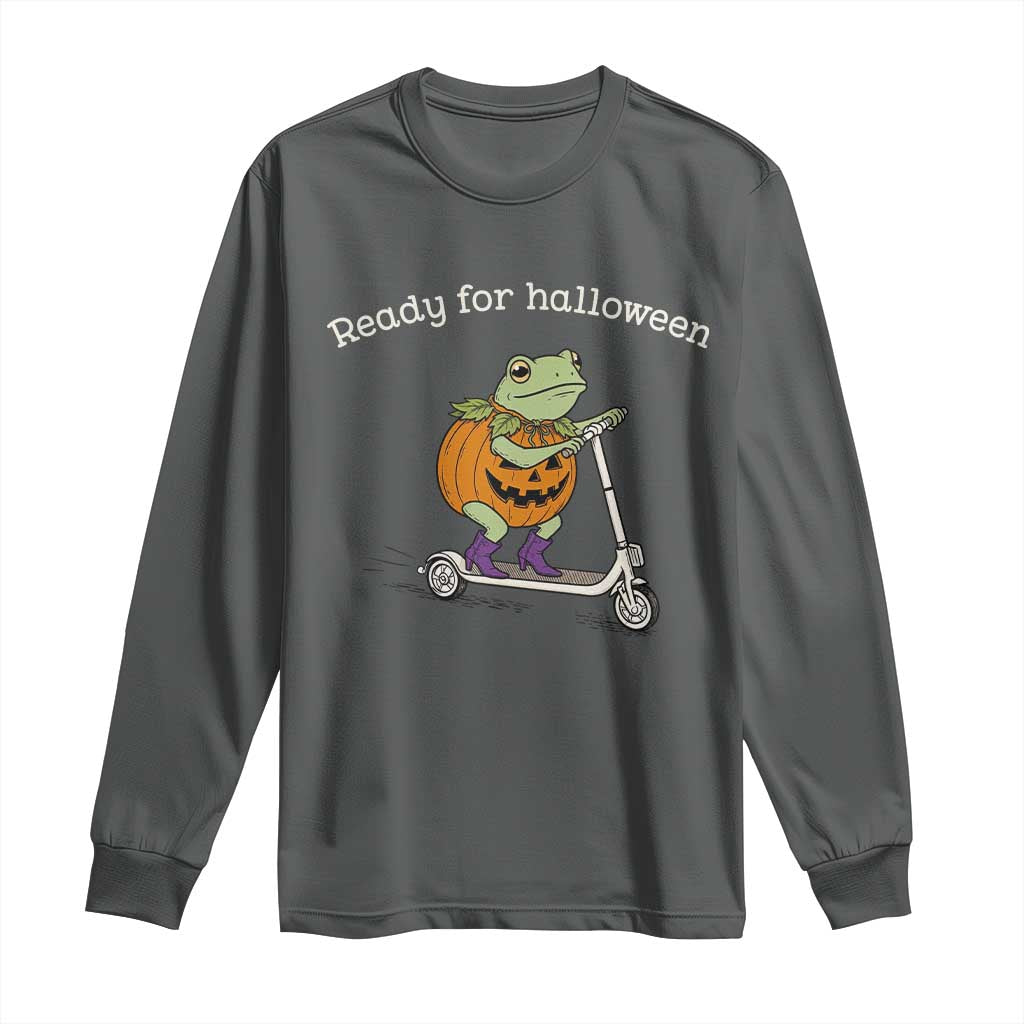 Ready For Halloween Frog Long Sleeve Shirt Funny Frog Scooter Pumpkin Costume Gift TS14 Dark Heather Print Your Wear