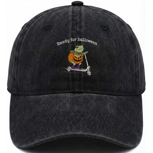 Ready For Halloween Frog Washed Cotton Baseball Cap Funny Frog Scooter Pumpkin Costume Gift TS14 Print Your Wear