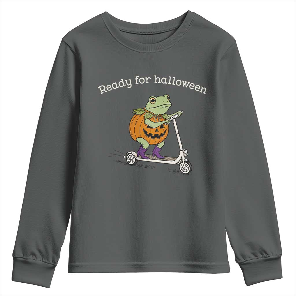 Ready For Halloween Frog Youth Sweatshirt Funny Frog Scooter Pumpkin Costume Gift TS14 Dark Heather Print Your Wear