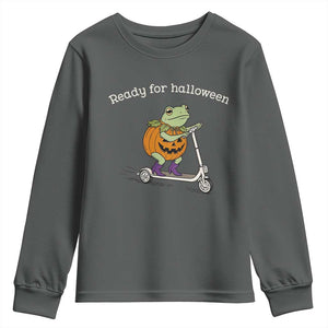Ready For Halloween Frog Youth Sweatshirt Funny Frog Scooter Pumpkin Costume Gift TS14 Dark Heather Print Your Wear