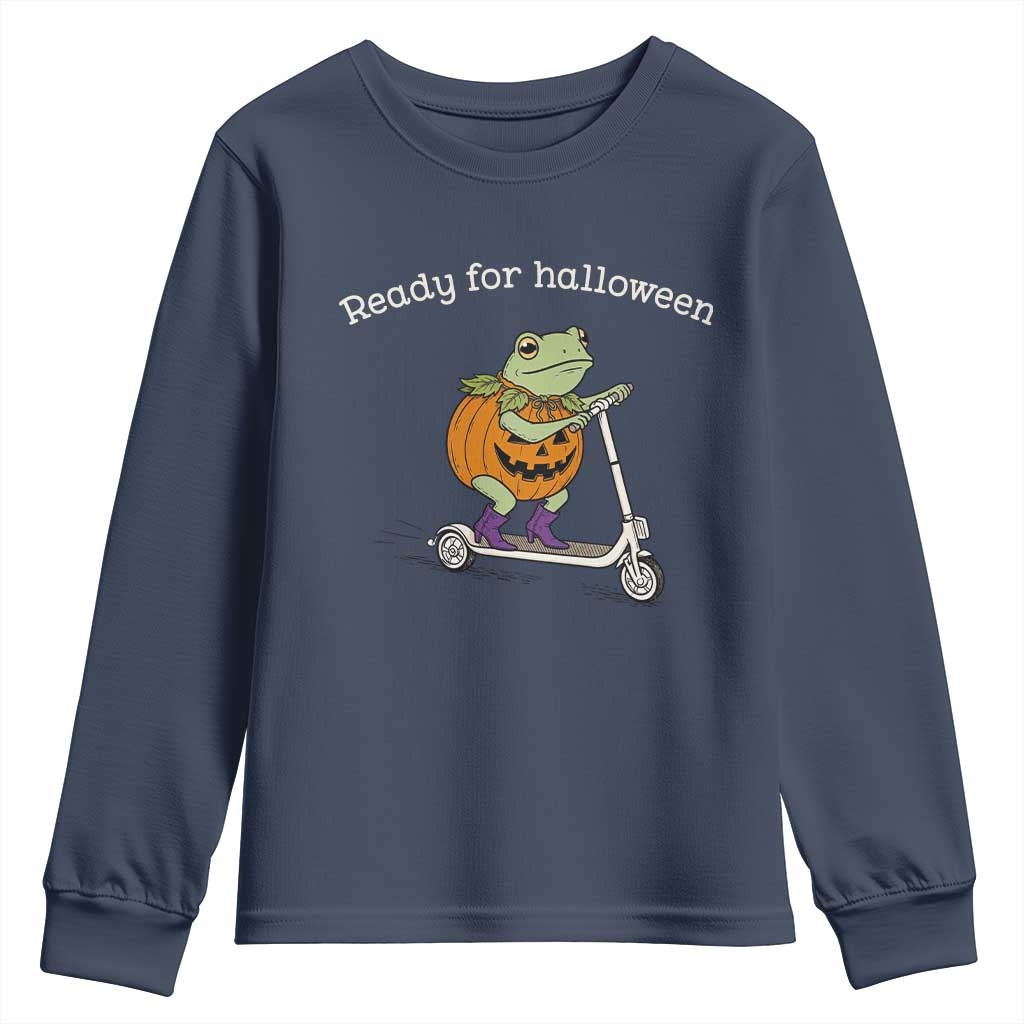Ready For Halloween Frog Youth Sweatshirt Funny Frog Scooter Pumpkin Costume Gift TS14 Navy Print Your Wear