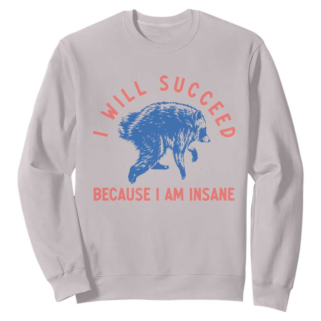 I Will Succeed Because I Am Insane Sweatshirt Funny Jimothy Raccoon Meme TS14 Ice Gray Print Your Wear